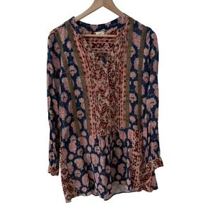 TINY Anthropologie Tunic Top Size Medium Blue Pink Floral Boho Lace Pintuck